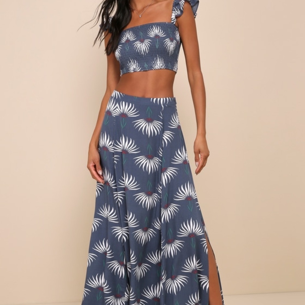 Lulus Trancoso Dusty Blue Floral Print Two-piece Maxi Dress - Size XL
